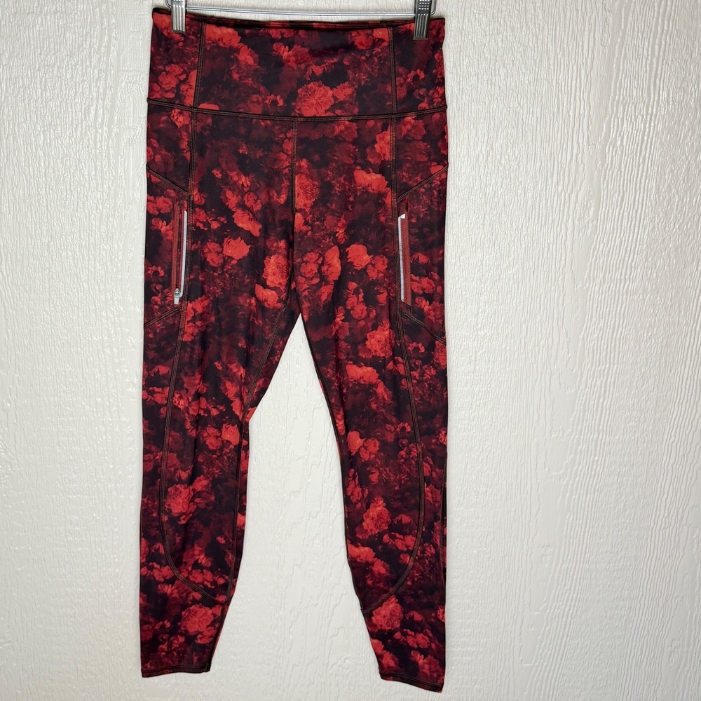 Athleta Rainier Printed Tight Red Black Floral Leggings Small Zip Pockets
